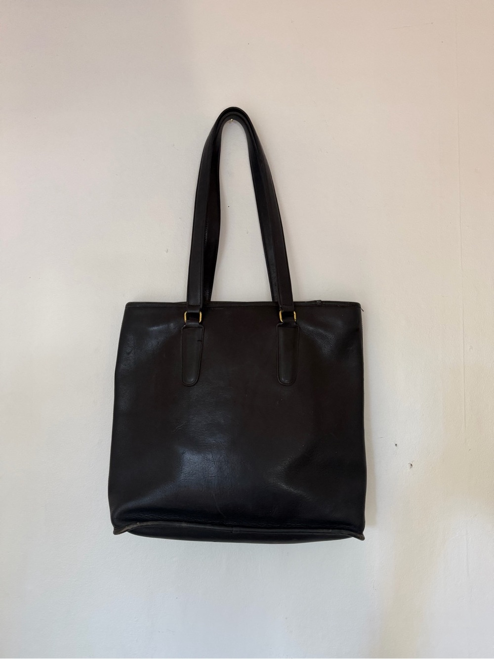 Coach Vintage Black Leather City Tote with Double Shoulder Straps - 1970s/1980s